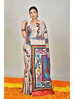 Ramshyam Collection - Womens Kantha Silk Embroidered Thread Work Grey Saree with Unstitched Blouse