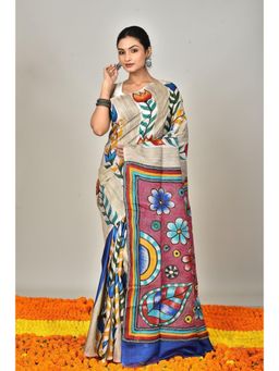 Ramshyam Collection - Womens Kantha Silk Printed Grey Saree with Unstitched Blouse