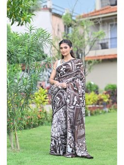 Ramshyam Collection - Womens Silk Printed Brown Saree with Unstitched Blouse