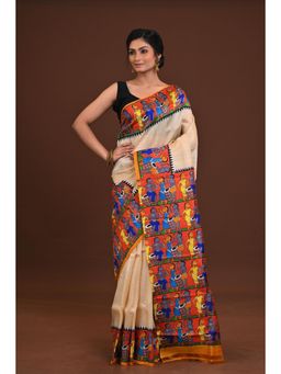 Ramshyam Collection - Womens Kantha Silk Printed Beige Saree with Unstitched Blouse