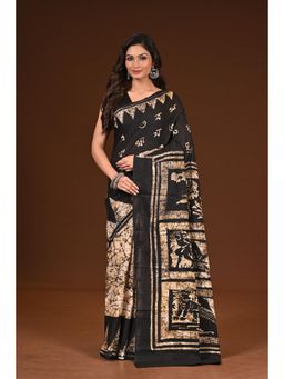 Ramshyam Collection - Womens Pure Cotton Hand Painted Job Black Saree with Unstitched Blouse