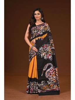 Ramshyam Collection - Womens Pure Cotton Hand Painted Job Black Saree with Unstitched Blouse