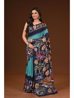 Ramshyam Collection - Womens Pure Cotton Hand Painted Job Teal Saree with Unstitched Blouse