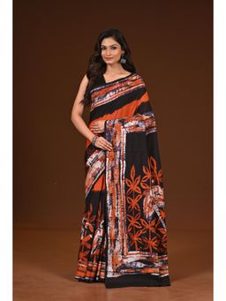 Ramshyam Collection - Womens Pure Cotton Hand Painted Job Orange Saree with Unstitched Blouse