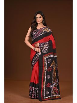 Ramshyam Collection - Womens Pure Cotton Hand Painted Job Red Saree with Unstitched Blouse