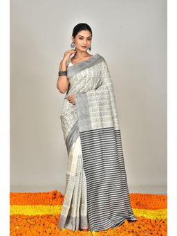 Ramshyam Collection - Womens Kantha Silk Embroidered Thread Work Ivory Saree with Unstitched Blouse