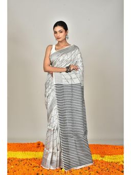 Ramshyam Collection - Womens Kantha Silk Embroidered Thread Work White Saree with Unstitched Blouse