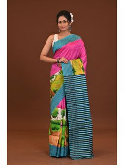 Ramshyam Collection - Womens Kantha Silk Printed Pink Saree with Unstitched Blouse