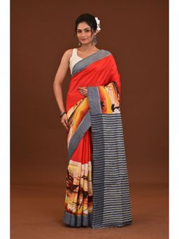 Ramshyam Collection - Womens Kantha Silk Printed Thread Work Multi-Color Saree with Unstitched Blouse