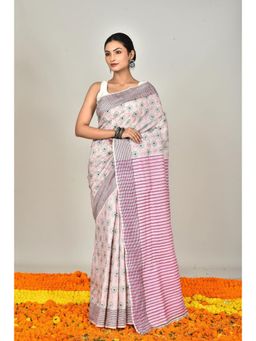Ramshyam Collection - Womens Kantha Silk Embroidered Thread Work White Saree with Unstitched Blouse