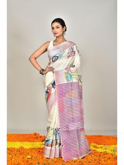 Ramshyam Collection - Womens Kantha Silk Embroidered Thread Work Cream Saree with Unstitched Blouse