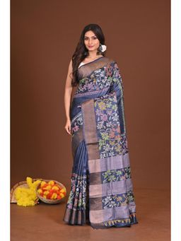 Ramshyam Collection - Womens Kantha Tussar Silk Thread Work Navy Blue Saree with Unstitched Blouse