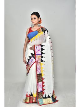 Ramshyam Collection - Womens Kantha Pure Cotton Printed White Saree with Unstitched Blouse