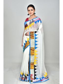 Ramshyam Collection - Womens Kantha Pure Cotton Printed Thread Work White Saree with Unstitched Blouse