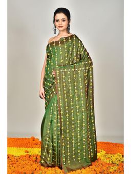 Ramshyam Collection - Womens Kantha Silk Printed Green Saree with Unstitched Blouse