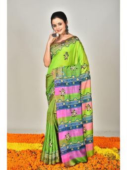 Ramshyam Collection - Womens Kantha Silk Embroidered Thread Work Green Saree with Unstitched Blouse