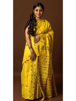 Ramshyam Collection - Womens Kantha Pure Cotton Thread Work Yellow Saree with Unstitched Blouse