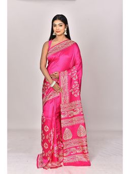 Ramshyam Collection - Womens Daily Wear Silk Block Printed Pink Saree with Unstitched Blouse