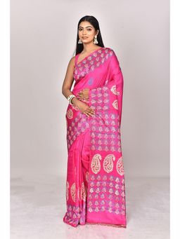 Ramshyam Collection - Womens Daily Wear Silk Block Printed Pink Saree with Unstitched Blouse