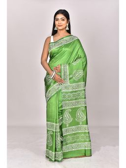 Ramshyam Collection - Womens Daily Wear Silk Block Printed Green Saree with Unstitched Blouse