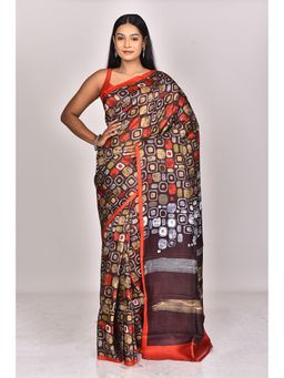 Ramshyam Collection - Womens Daily Wear Silk Block Printed Brown Saree with Unstitched Blouse