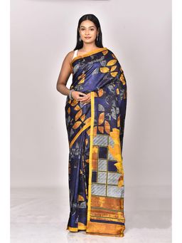 Ramshyam Collection - Womens Kantha Silk Printed Navy Blue Saree with Unstitched Blouse
