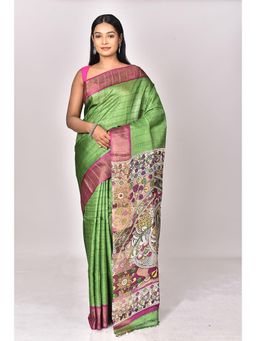 Ramshyam Collection - Womens Kantha Silk Woven Zari Green Saree with Unstitched Blouse