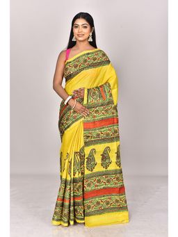Ramshyam Collection - Womens Daily Wear Silk Block Printed Yellow Saree with Unstitched Blouse