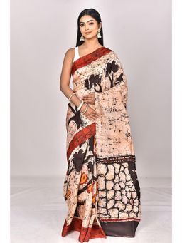 Ramshyam Collection - Womens Silk Printed Beige Saree with Unstitched Blouse