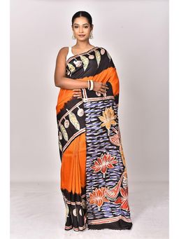 Ramshyam Collection - Womens Silk Hand Painted Job Orange Saree with Unstitched Blouse