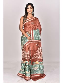 Ramshyam Collection - Womens Silk Hand Painted Job Brown Saree with Unstitched Blouse