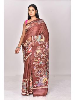 Ramshyam Collection - Womens Silk Hand Painted Job Brown Saree with Unstitched Blouse