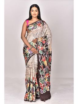 Ramshyam Collection - Womens Silk Hand Painted Job Beige Saree with Unstitched Blouse