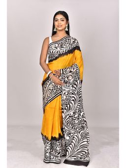 Ramshyam Collection - Womens Silk Hand Painted Job Yellow Saree with Unstitched Blouse