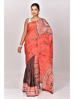 Ramshyam Collection - Womens Silk Hand Painted Job Coral Saree with Unstitched Blouse