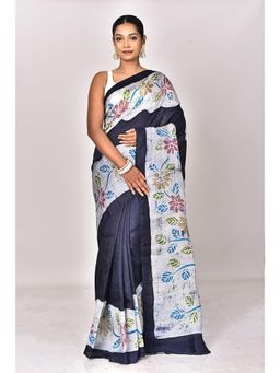 Ramshyam Collection - Womens Daily Wear Silk Hand Painted Job Navy Blue Saree with Unstitched Blouse