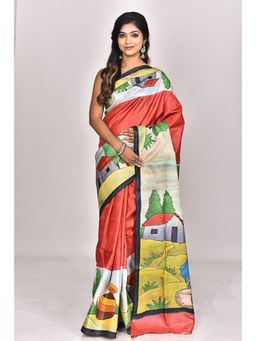 Ramshyam Collection - Womens Kantha Silk Printed Red Saree with Unstitched Blouse