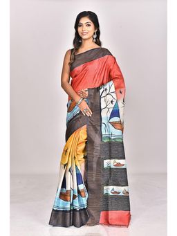 Ramshyam Collection - Womens Kantha Silk Printed Thread Work Multi-Color Saree with Unstitched Blouse
