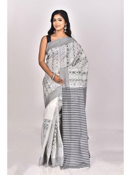 Ramshyam Collection - Womens Kantha Silk Embroidered Thread Work Grey Saree with Unstitched Blouse