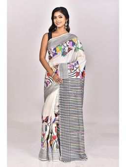 Ramshyam Collection - Womens Kantha Silk Embroidered Thread Work White Saree with Unstitched Blouse