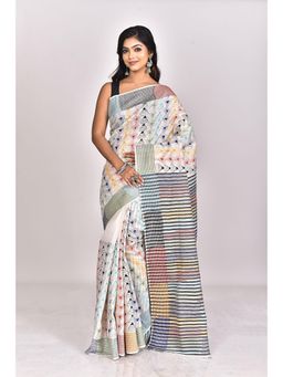 Ramshyam Collection - Womens Kantha Silk Embroidered Thread Work White Saree with Unstitched Blouse