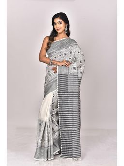Ramshyam Collection - Womens Kantha Silk Embroidered Thread Work Grey Saree with Unstitched Blouse
