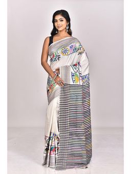 Ramshyam Collection - Womens Kantha Silk Embroidered Thread Work White Saree with Unstitched Blouse