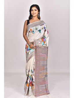 Ramshyam Collection - Womens Kantha Silk Embroidered Thread Work White Saree with Unstitched Blouse