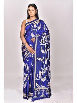 Ramshyam Collection - Womens Kantha Silk Embroidered Thread Work Blue Saree with Unstitched Blouse