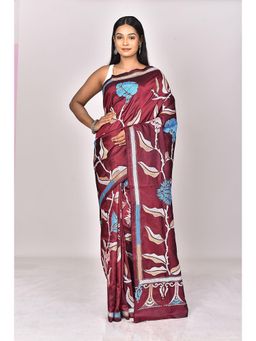 Ramshyam Collection - Womens Kantha Silk Embroidered Thread Work Wine Saree with Unstitched Blouse