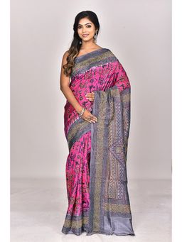 Ramshyam Collection - Womens Kantha Silk Printed Pink Saree with Unstitched Blouse