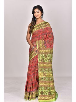 Ramshyam Collection - Womens Kantha Silk Printed Red Saree with Unstitched Blouse