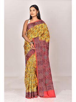 Ramshyam Collection - Womens Kantha Silk Embroidered Thread Work Yellow Saree with Unstitched Blouse