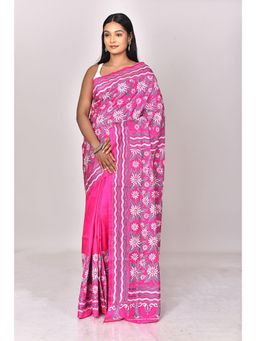 Ramshyam Collection - Womens Kantha Silk Floral Thread Work Pink Saree with Unstitched Blouse